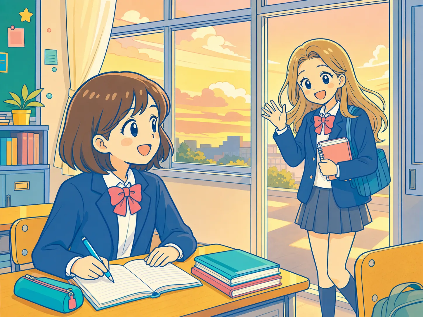 教室で出会ったミオとエマ