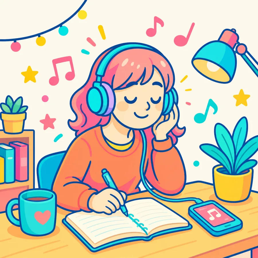 ヘッドホンで音楽を聴きながら英語を勉強する女性