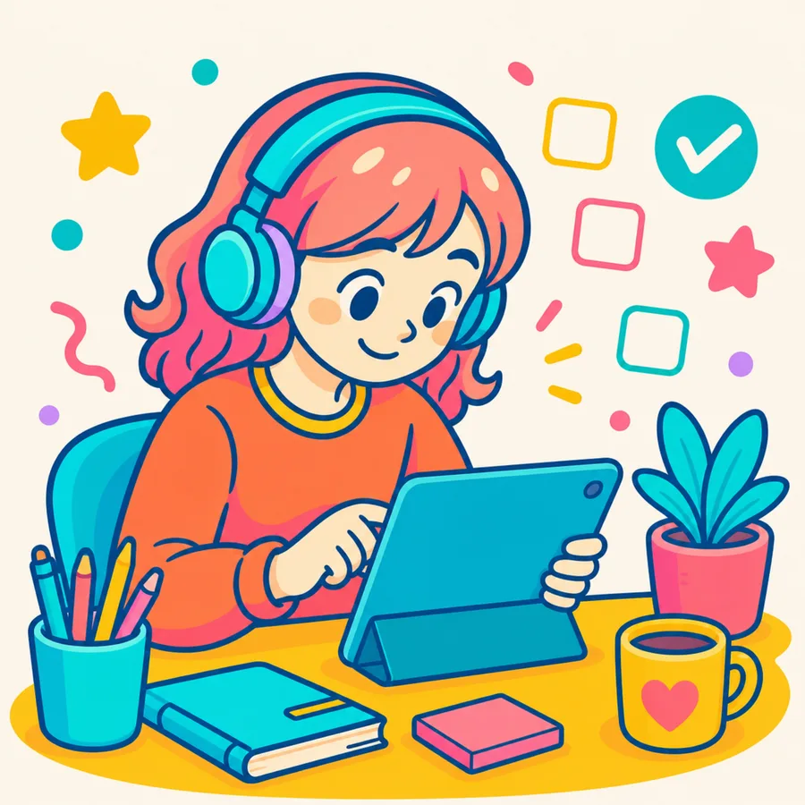 タブレットで英語クイズに挑戦する女性
