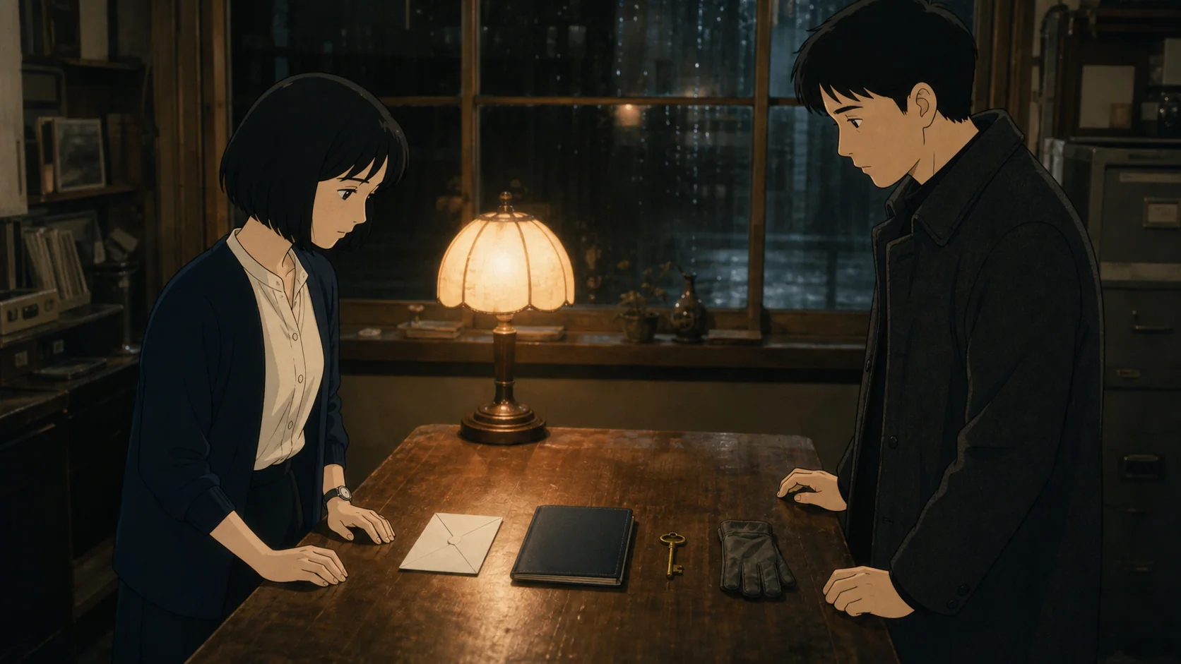 雨の夜の相談所で、ナギとミナトが封筒や鍵などの忘れものを見つめるシリーズビジュアル