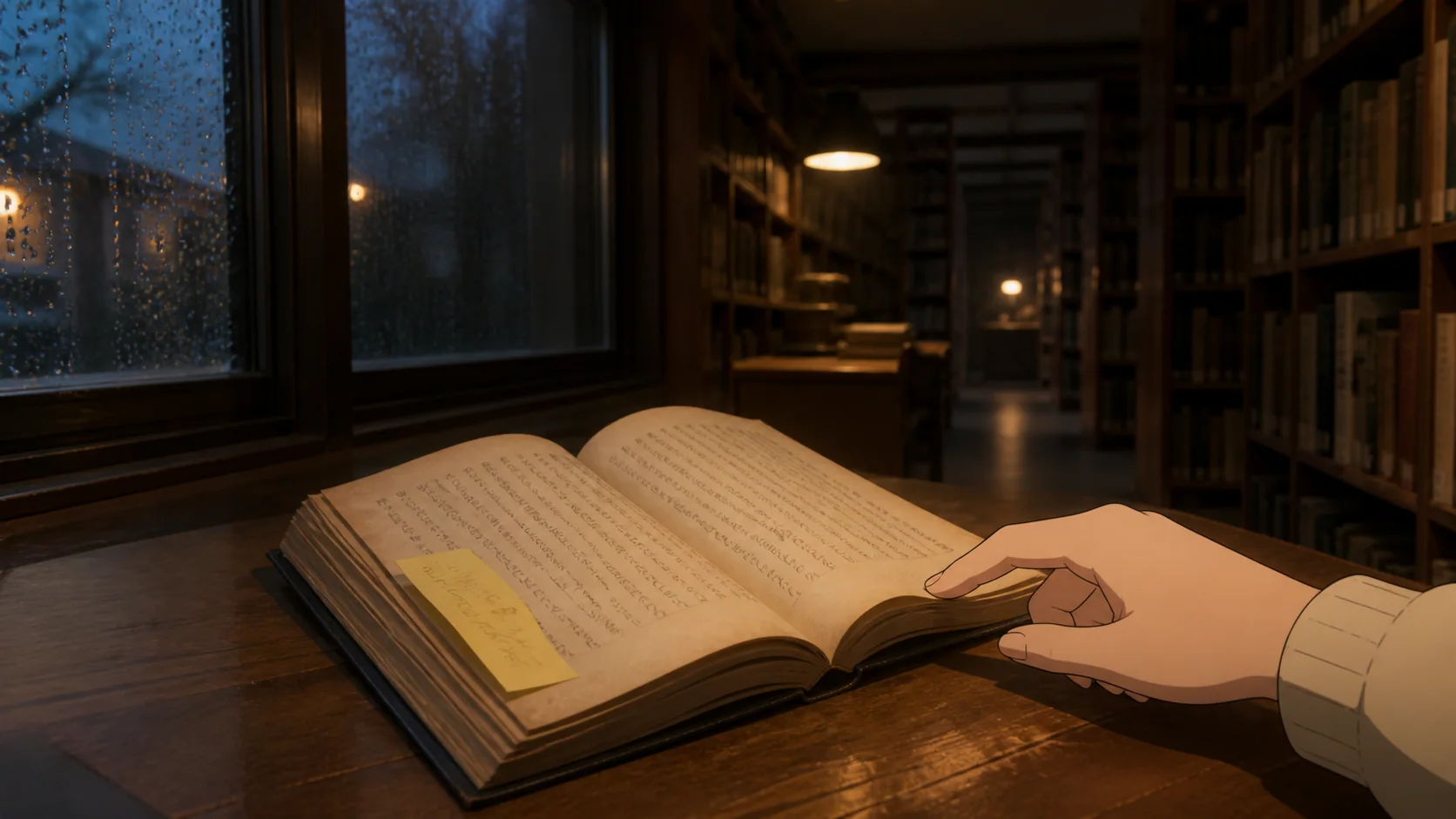 閉館前の図書館で、古い詩集の余白に挟まれた黄色いメモを見つける場面