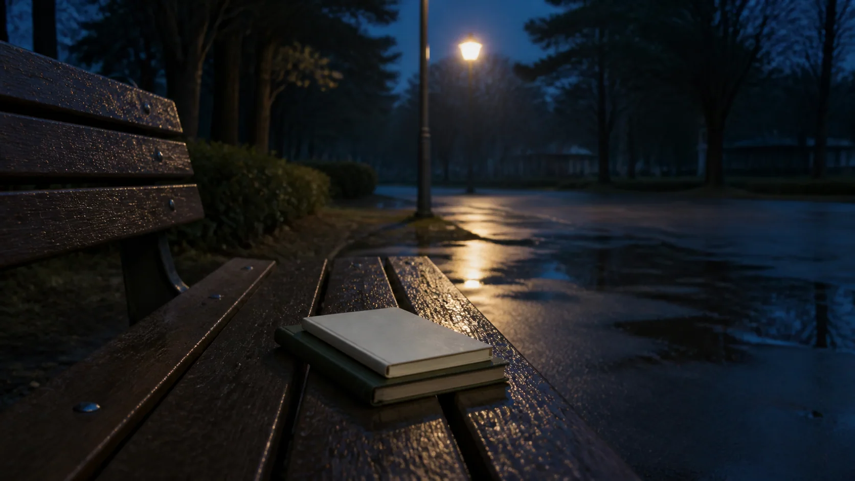 雨上がりの誰もいない公園で、ベンチに二冊のノートが残る場面
