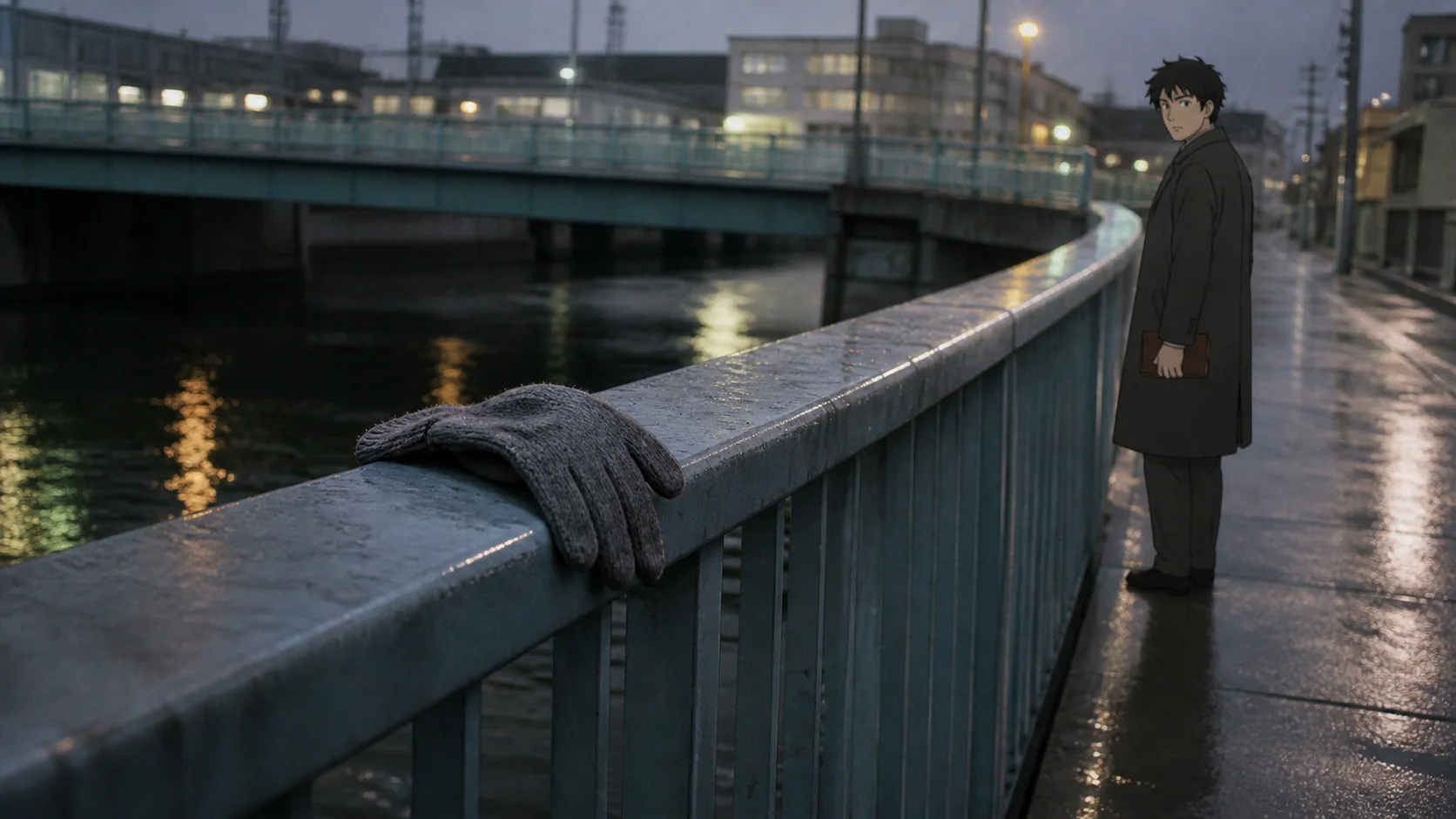 雨上がりの橋の欄干に残る灰色の片手袋を、ミナトが遠くから見つめる場面