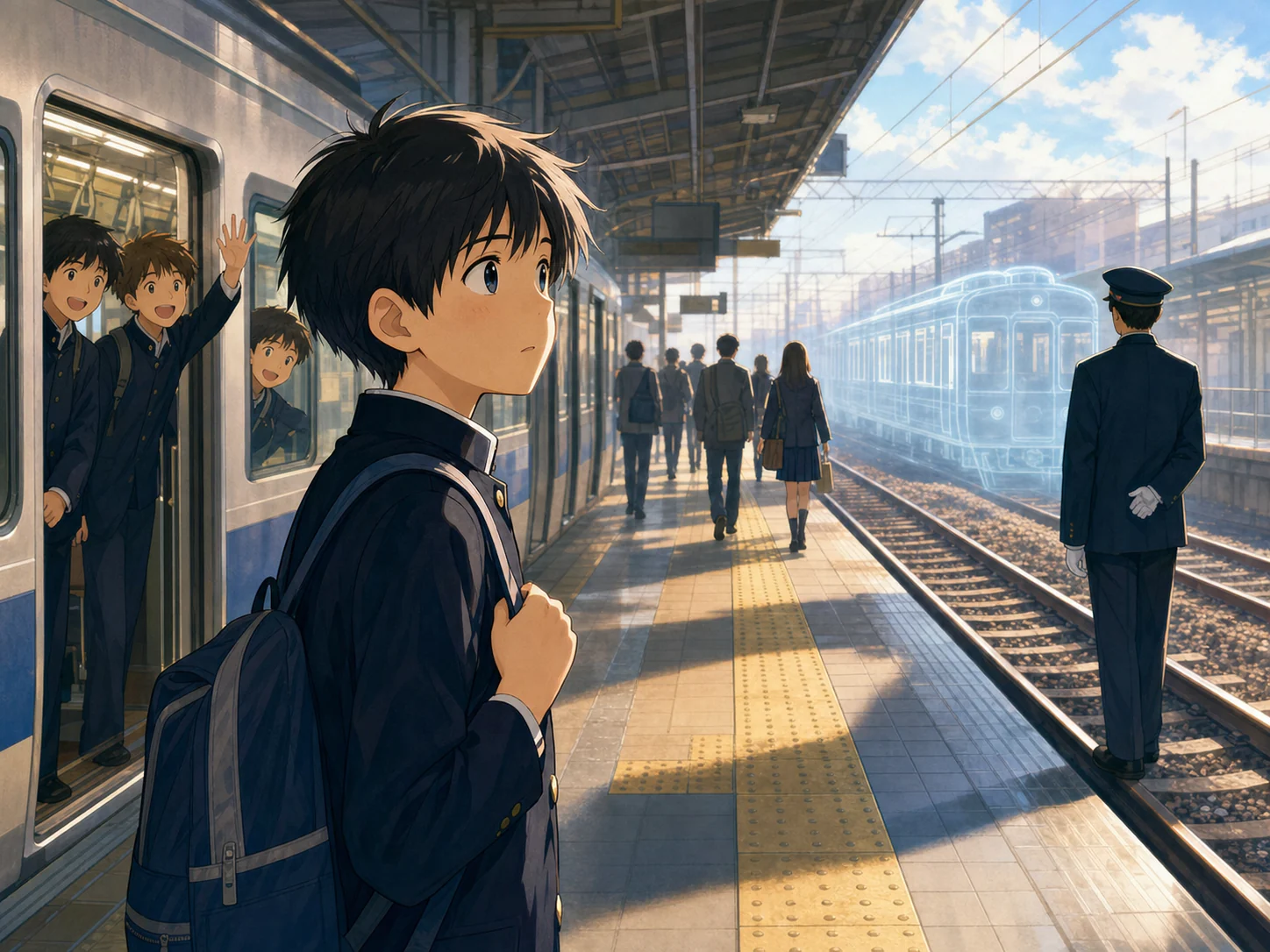 朝の駅ホームで、友達が乗る電車を見送りながら遠くの青白い幻の電車に気づく男子生徒