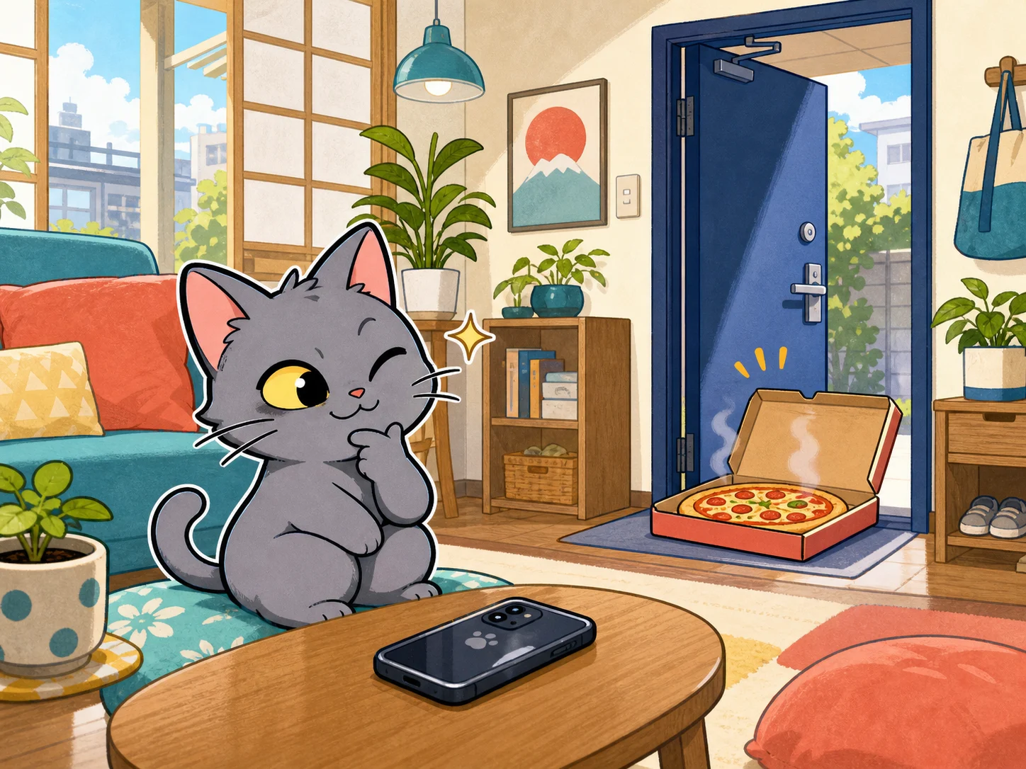 スマートフォンのそばで、届いたピザを得意そうに見る灰色の猫ミロ