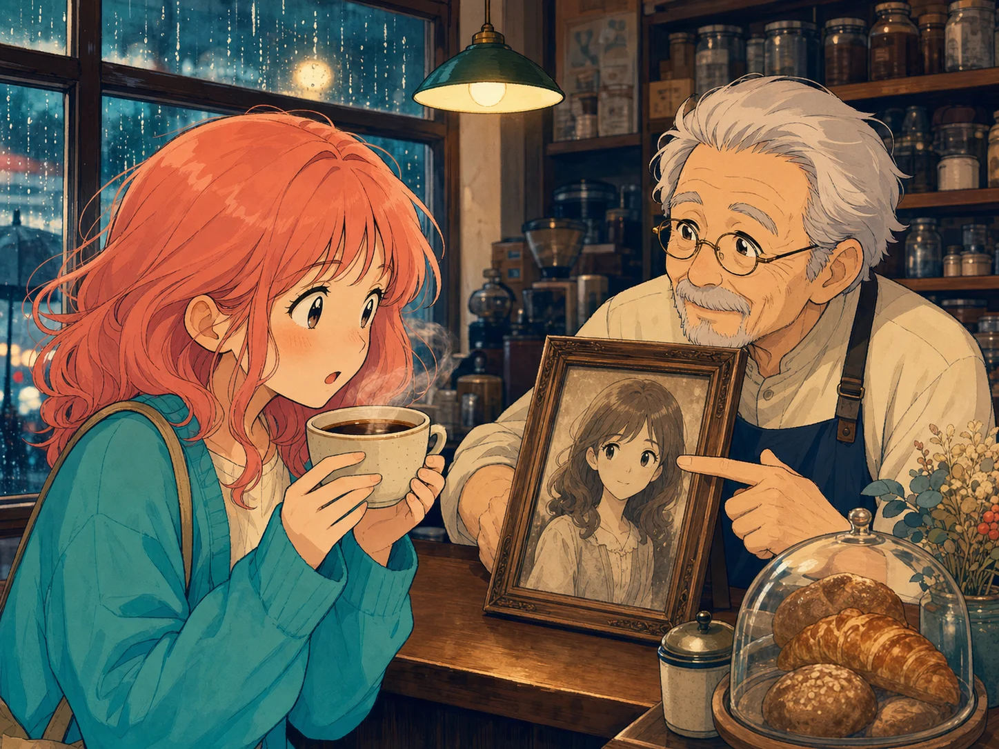 雨の日のカフェで、コーヒーを持つユナに古い写真を見せる店主