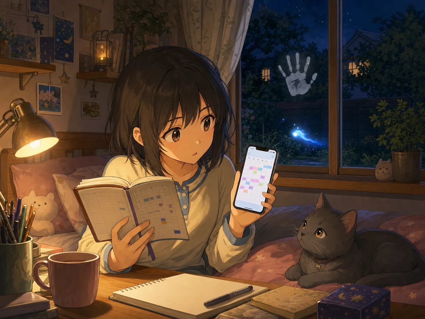 夜の寝室で、紙の日記とスマートフォンを見比べるミナと猫ミロ、窓には白い手形と青い光