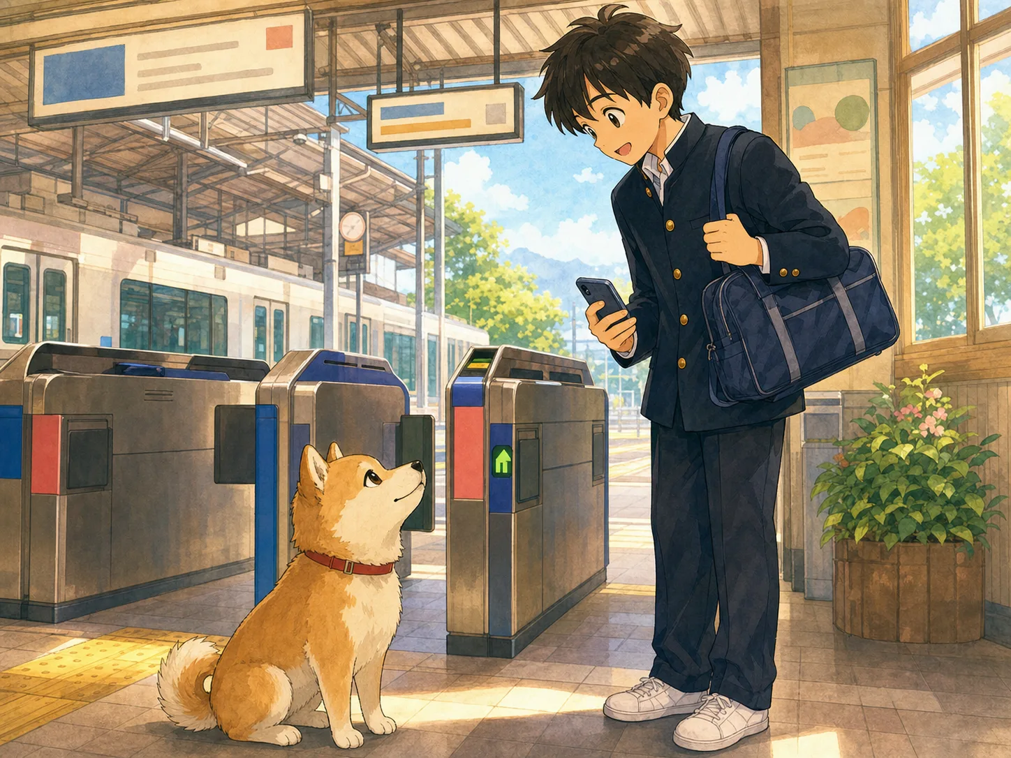 明るい駅の改札前で赤い首輪の犬を見つける制服姿の少年