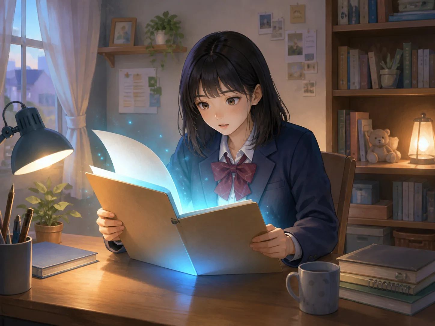 机の上で開いたファイルを見つめる女子生徒と青い光