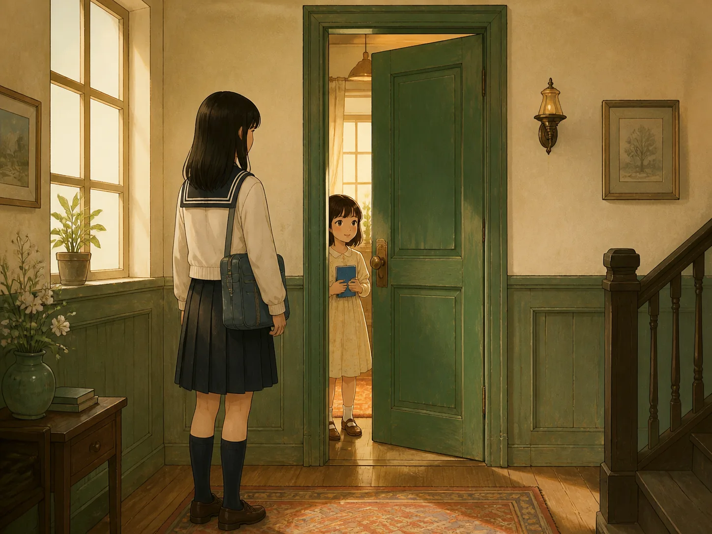 古い緑のドアの向こうで青いノートを持つ少女と話す生徒