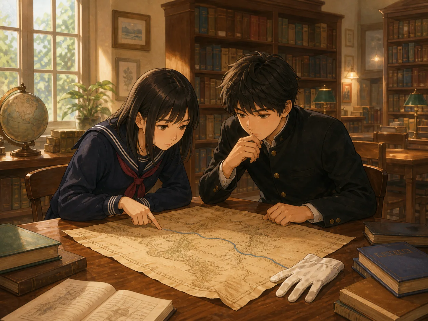 青い線の引かれた地図をカフェで見つめる三人の生徒