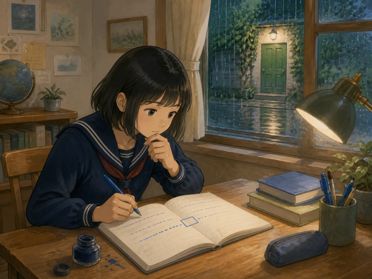 一語だけ空白になったノートを見つめる学校の生徒