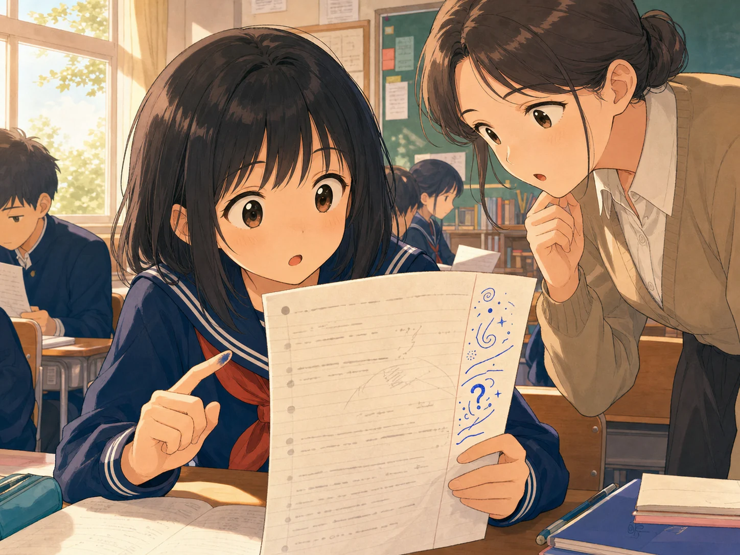 教室で、返却された宿題の余白にある青いメモを先生と一緒に不思議そうに見る女子生徒