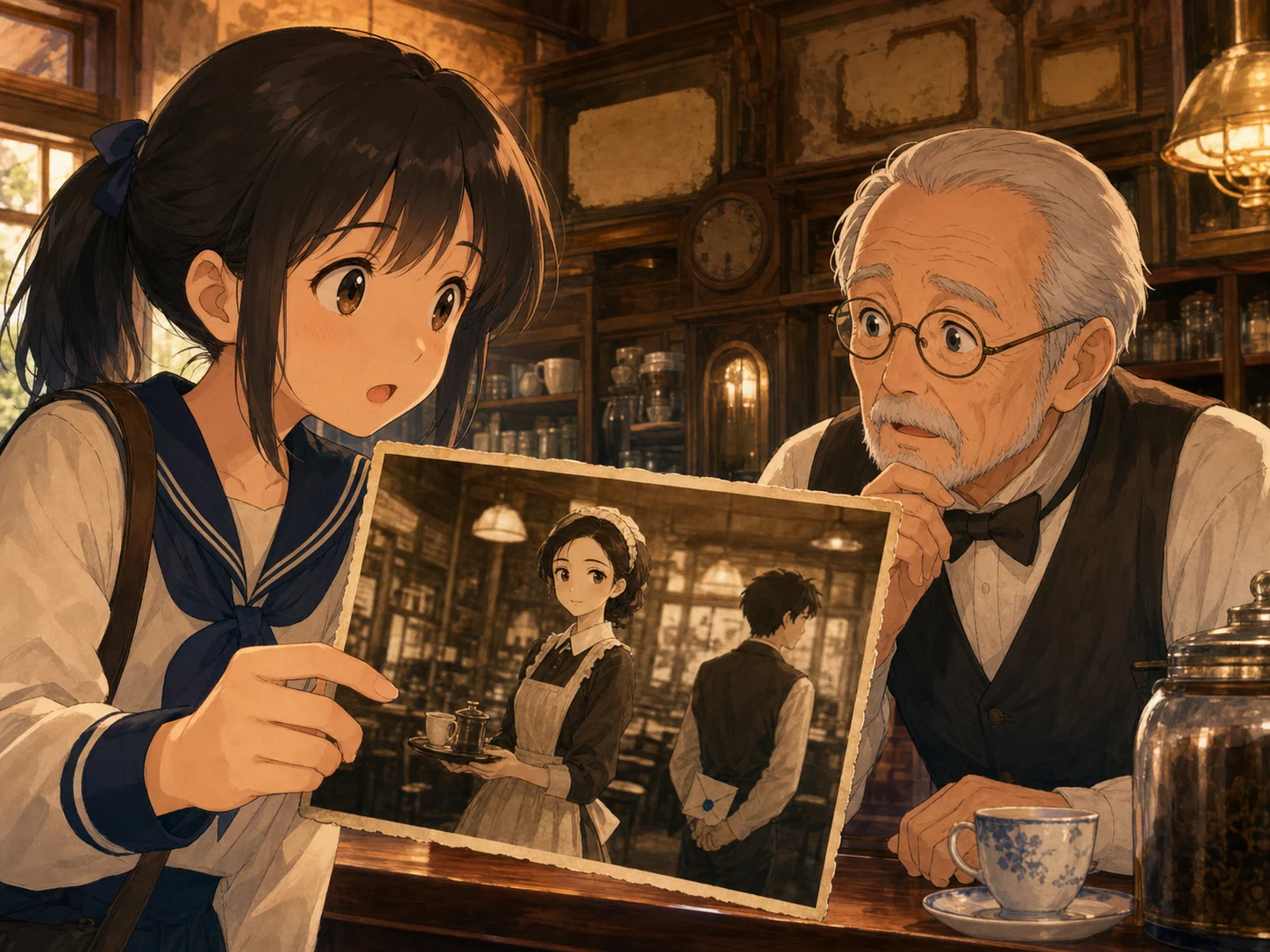 古いカフェで、若いウェイトレスと背景の人物が写ったセピア色の写真を店主に見せる女子生徒