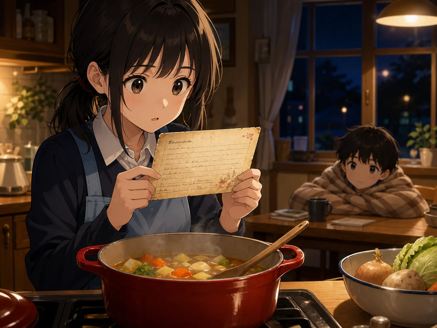温かな台所で、レシピカードの表面を読みながら弟のためにスープを作る女子生徒