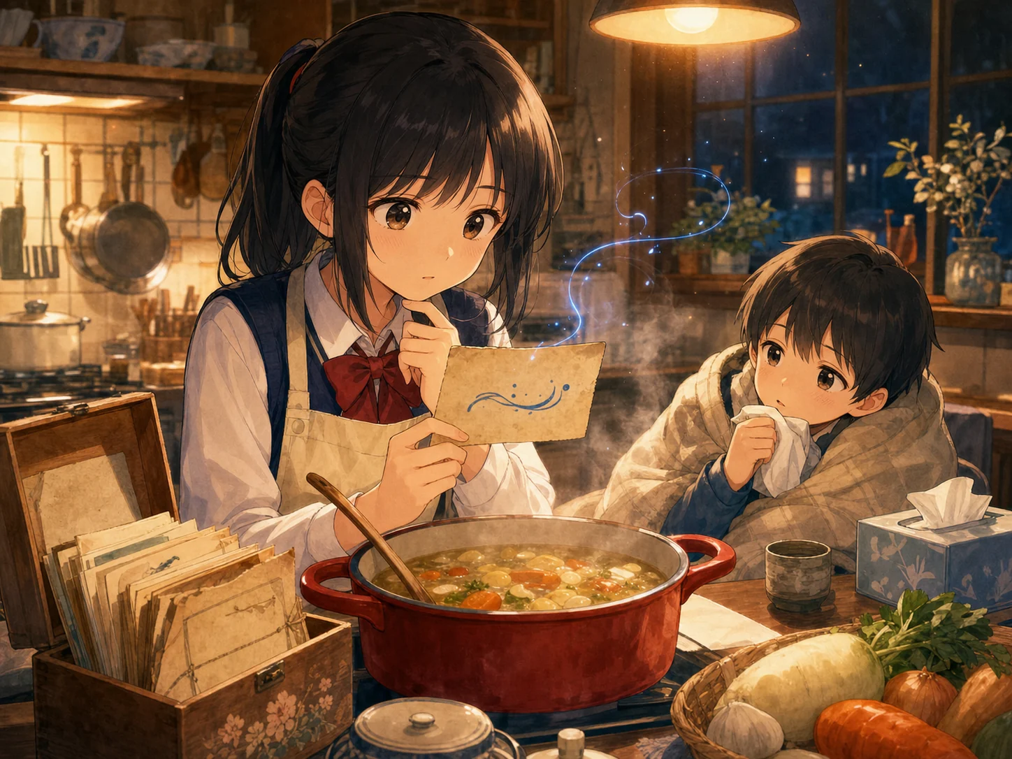 温かな台所で、青い線が光る古いレシピカードを見ながら弟のためにスープを作る女子生徒