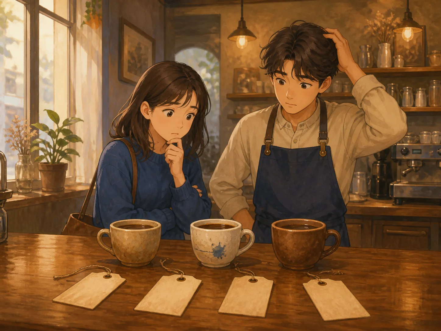 カフェのカウンターで3つのカップと4枚の名札を見比べるハナ