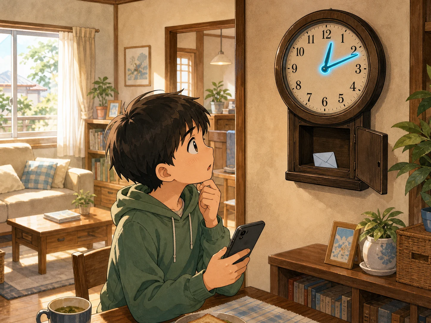 朝のリビングで、青く光る古い時計とスマートフォンの時刻を見比べる少年