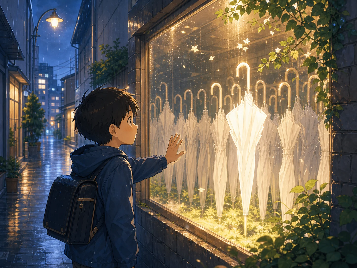 雨の路地で、扉のない傘屋の窓に並ぶ白い傘を見つめる男子生徒