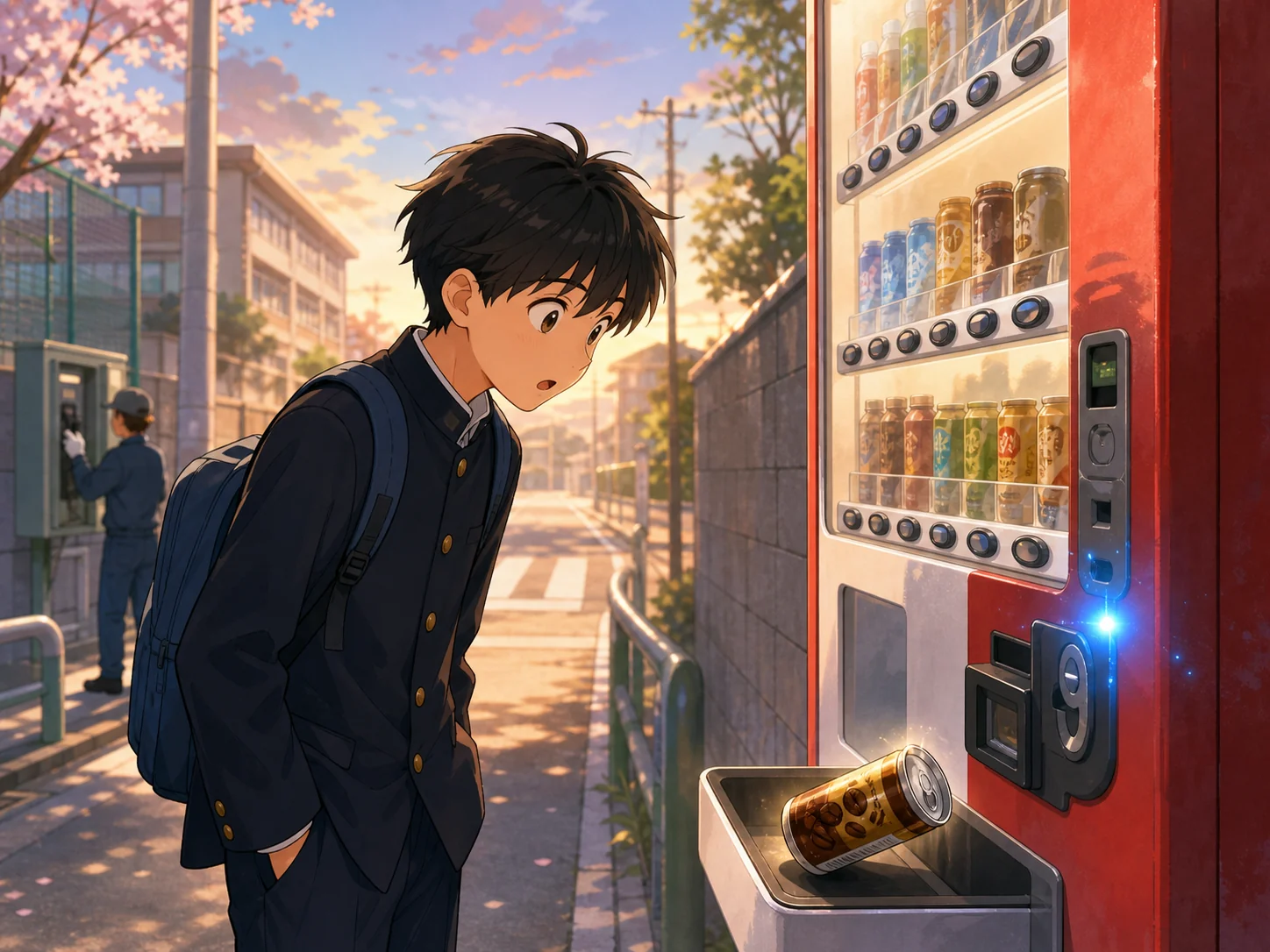朝の通学路で、ボタンを押す前に缶コーヒーが出てきた自動販売機を見つめる男子生徒