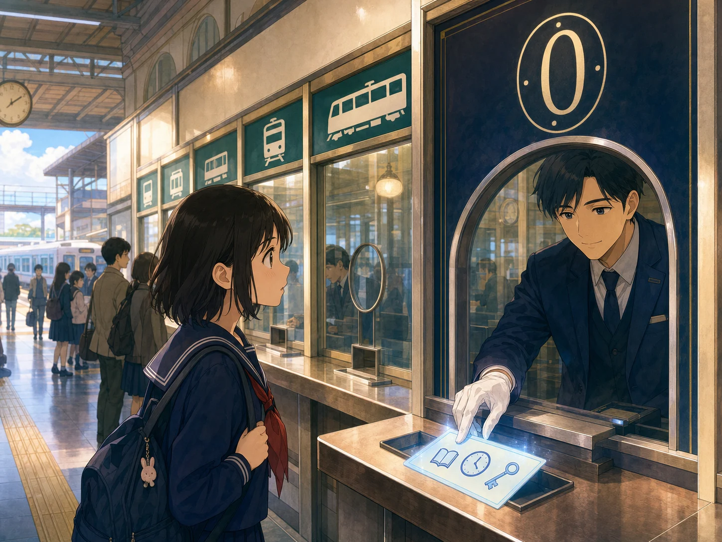 駅の切符売り場で、0番の窓口から青く光る不思議な切符を受け取る女子生徒